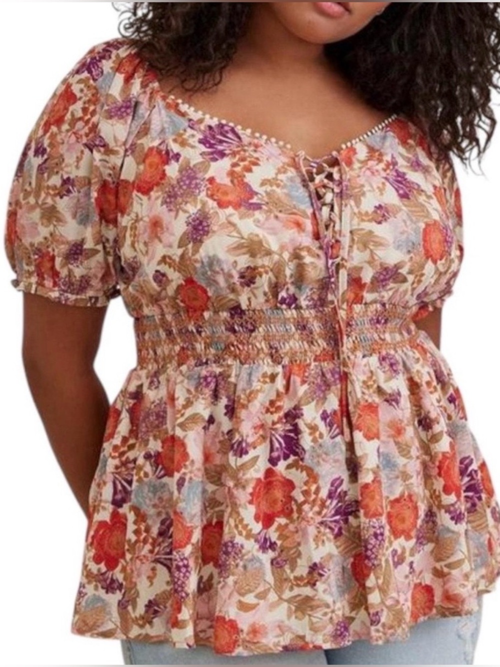 Cottagecore Floral Smocked Peplum Top Lace Up embroidered eyelets puff sleeve